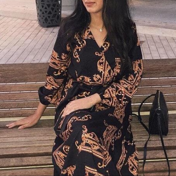 🌺 DRESS PAISLEY DESIGNER BAROQUE LONG SLEEVE MAXI BLACK BROWN FANCY ELEGANT - Picture 2 of 9